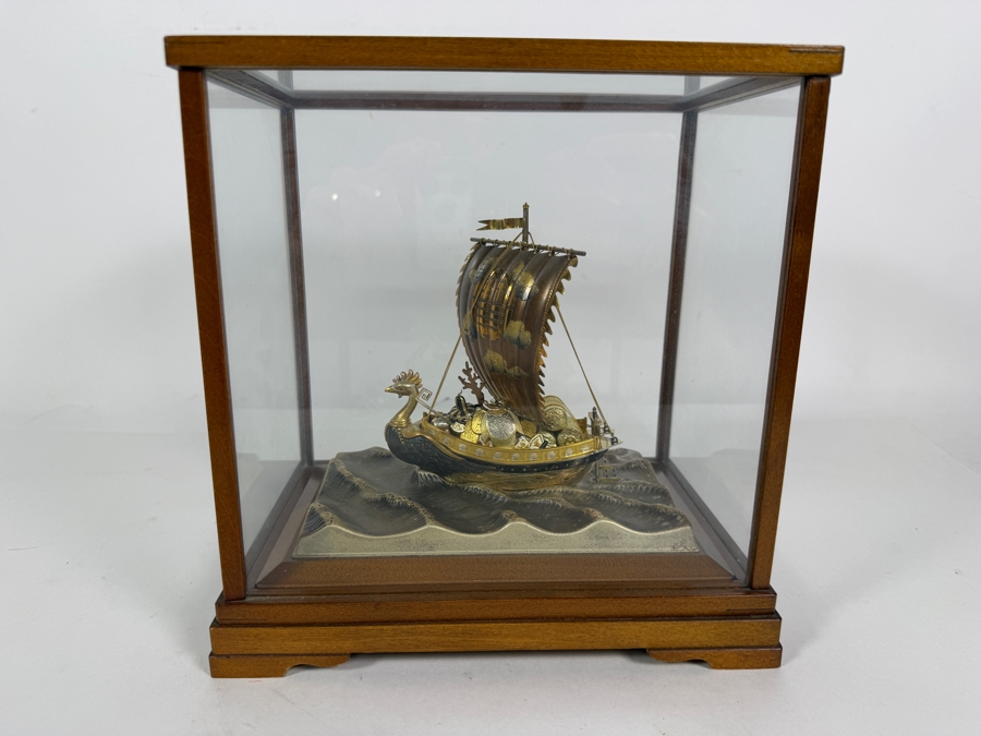 Japanese Silver Plate Lucky Treasure Ship With Protective Glass Covering 8.5'W X 6'D X 8.75'H [Photo 2]
