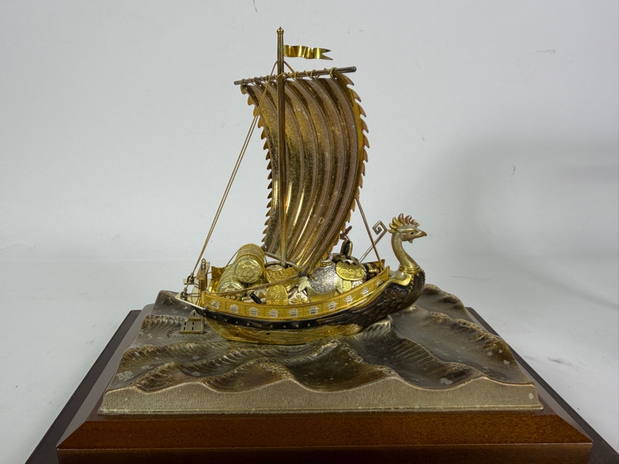 Japanese Silver Plate Lucky Treasure Ship With Protective Glass Covering 8.5'W X 6'D X 8.75'H [Photo 6]