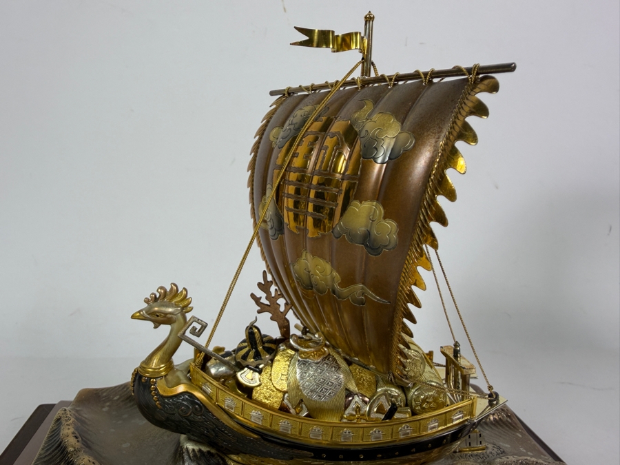 Japanese Silver Plate Lucky Treasure Ship With Protective Glass Covering 8.5'W X 6'D X 8.75'H [Photo 3]