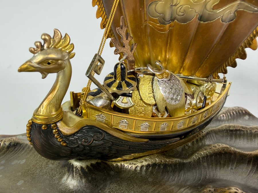 Japanese Silver Plate Lucky Treasure Ship With Protective Glass Covering 8.5'W X 6'D X 8.75'H [Photo 4]