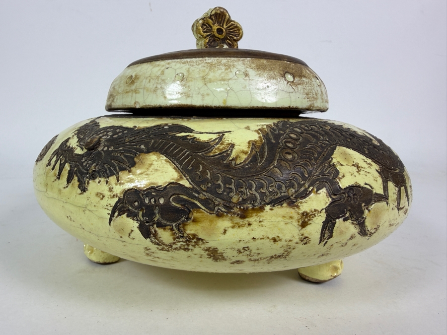 Vintage Chinese Crackle-Glazed Ceramic Covered Tri-Footed Vessel with Embossed Dragon Design 7.5W X 5.5H [Photo 3]