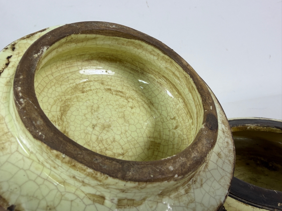 Vintage Chinese Crackle-Glazed Ceramic Covered Tri-Footed Vessel with Embossed Dragon Design 7.5W X 5.5H [Photo 7]