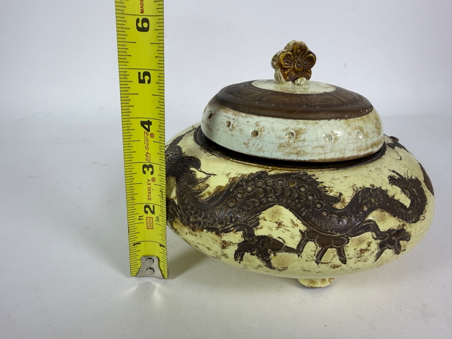 Vintage Chinese Crackle-Glazed Ceramic Covered Tri-Footed Vessel with Embossed Dragon Design 7.5W X 5.5H [Photo 12]