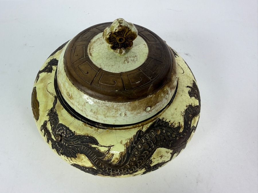 Vintage Chinese Crackle-Glazed Ceramic Covered Tri-Footed Vessel with Embossed Dragon Design 7.5W X 5.5H [Photo 5]