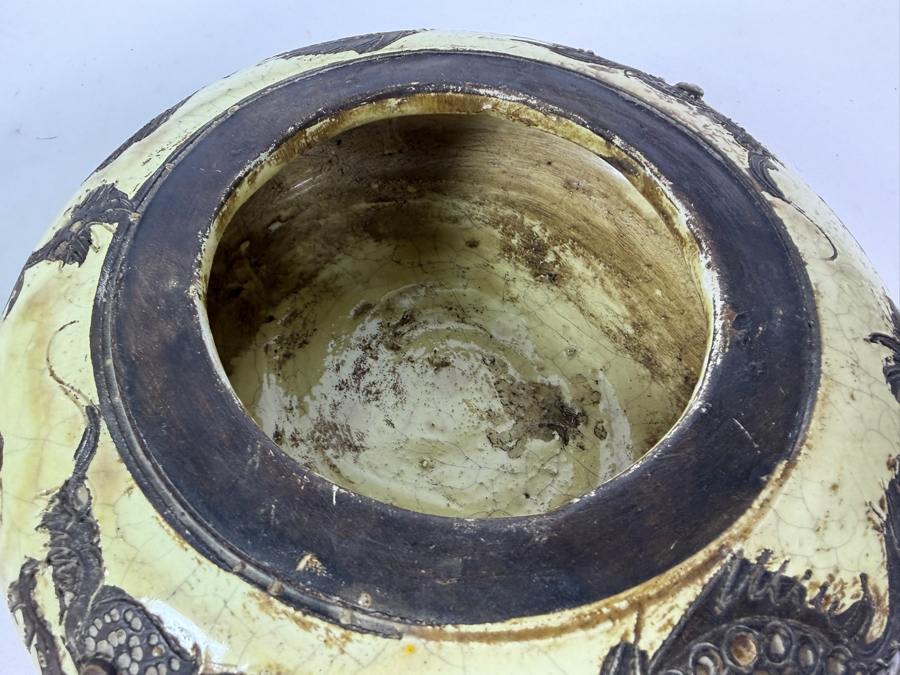 Vintage Chinese Crackle-Glazed Ceramic Covered Tri-Footed Vessel with Embossed Dragon Design 7.5W X 5.5H [Photo 6]