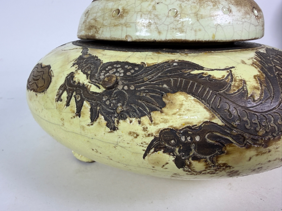 Vintage Chinese Crackle-Glazed Ceramic Covered Tri-Footed Vessel with Embossed Dragon Design 7.5W X 5.5H [Photo 4]