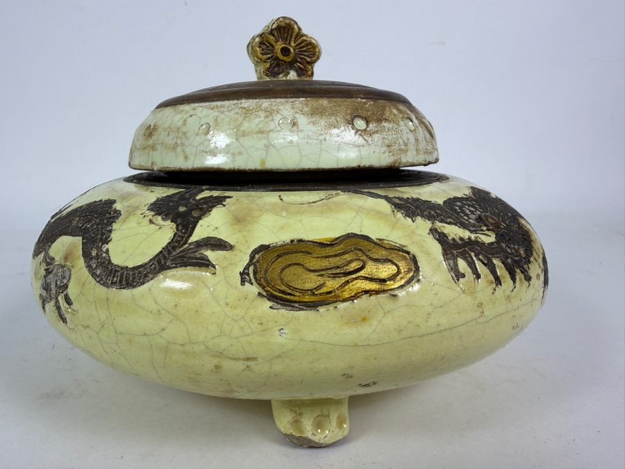 Vintage Chinese Crackle-Glazed Ceramic Covered Tri-Footed Vessel with Embossed Dragon Design 7.5W X 5.5H [Photo 8]