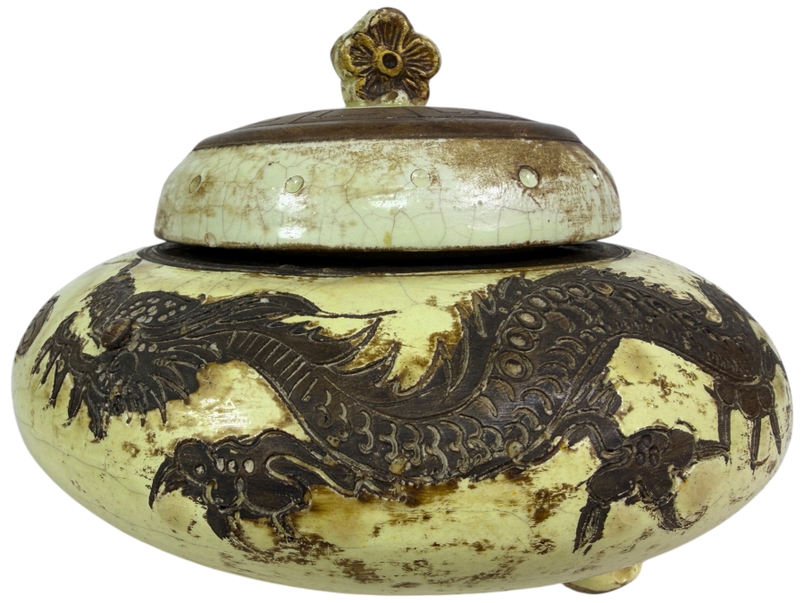 Vintage Chinese Crackle-Glazed Ceramic Covered Tri-Footed Vessel with Embossed Dragon Design 7.5W X 5.5H