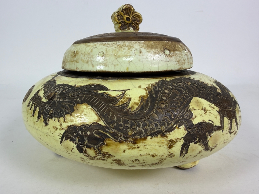 Vintage Chinese Crackle-Glazed Ceramic Covered Tri-Footed Vessel with Embossed Dragon Design 7.5W X 5.5H [Photo 2]