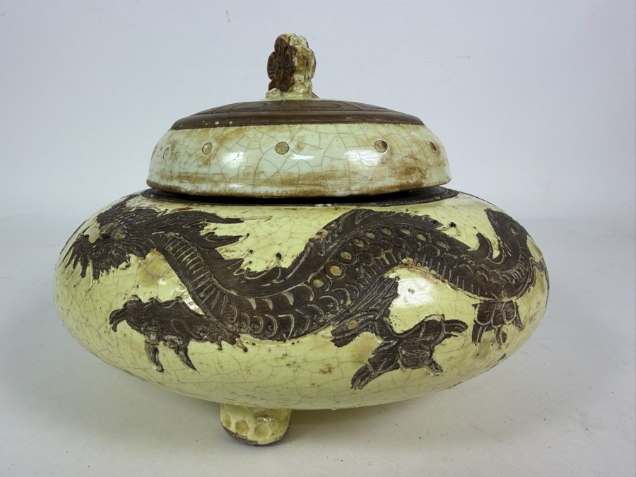 Vintage Chinese Crackle-Glazed Ceramic Covered Tri-Footed Vessel with Embossed Dragon Design 7.5W X 5.5H [Photo 9]