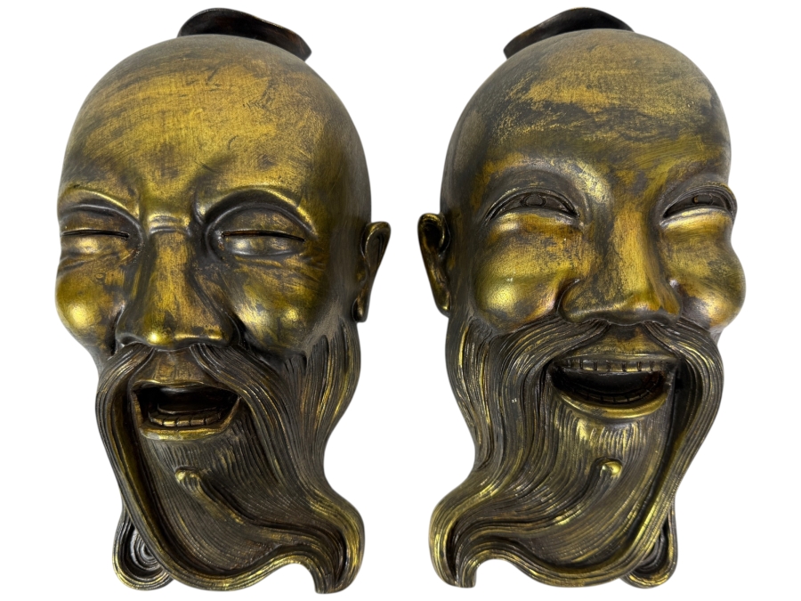 Vintage Gilded Resin Asian Wise Man Wall-Hanging Masks 6W X 11H