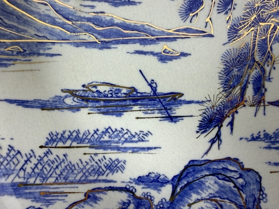 Vintage Signed Japanese Blue and White Porcelain Shallow Bowl Hizen Arita 11.5W X 2.25H [Photo 5]