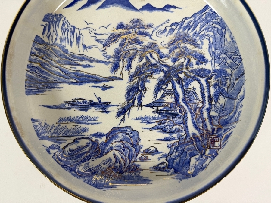 Vintage Signed Japanese Blue and White Porcelain Shallow Bowl Hizen Arita 11.5W X 2.25H [Photo 2]