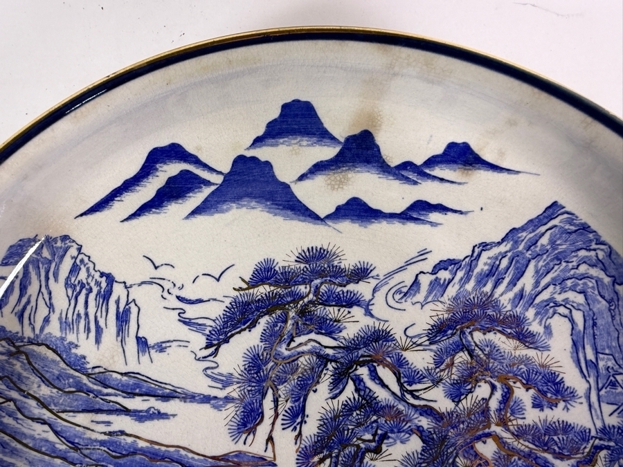 Vintage Signed Japanese Blue and White Porcelain Shallow Bowl Hizen Arita 11.5W X 2.25H [Photo 3]