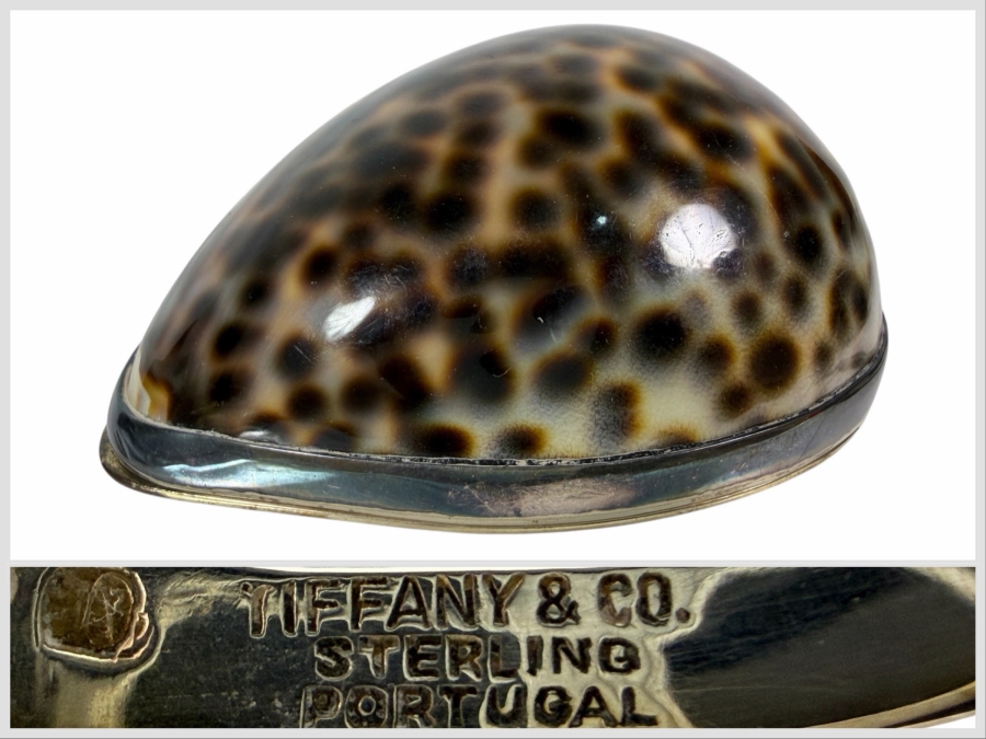 Vintage Tiffany & Co. Sterling Silver-Mounted Tiger Cowrie Shell Trinket or Snuff Box Made in Portugal 81g