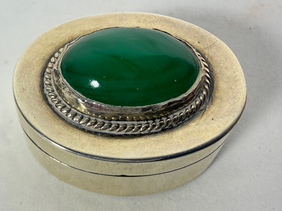 Vintage Mexican Sterling Silver Trinket Pill Box with Cabochon Green Agate 10.5g [Photo 3]