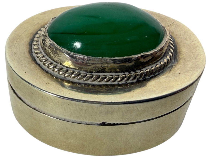 Vintage Mexican Sterling Silver Trinket Pill Box with Cabochon Green Agate 10.5g
