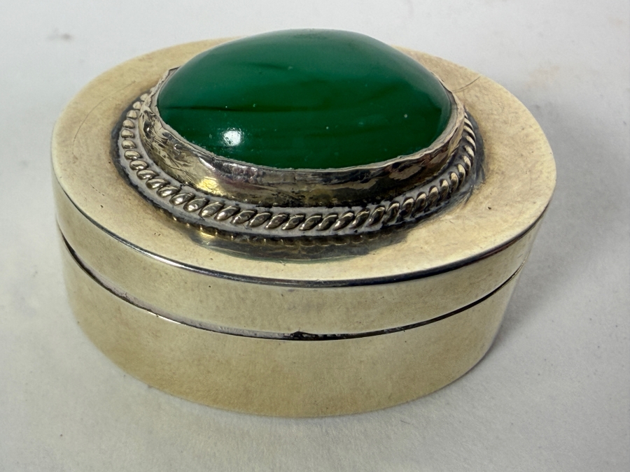 Vintage Mexican Sterling Silver Trinket Pill Box with Cabochon Green Agate 10.5g [Photo 2]