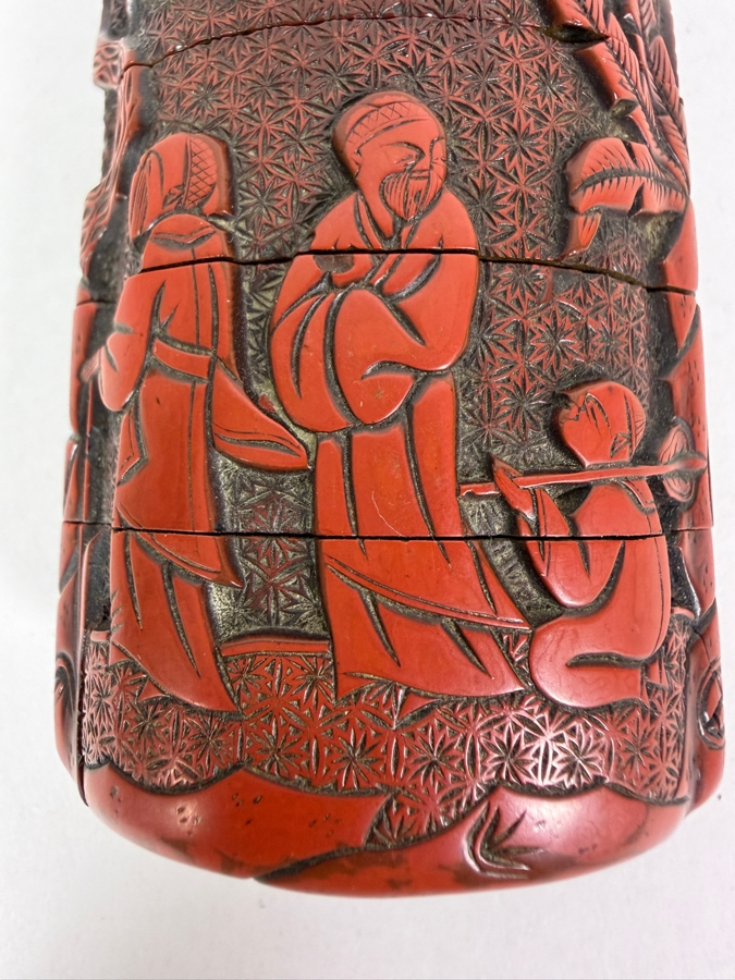 Japanese Meiji Period Antique Carved Cinnabar Lacquer Four Case Inro With Scholars Playing Go Scene 3.75'H [Photo 5]