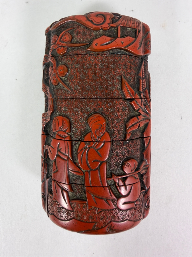 Japanese Meiji Period Antique Carved Cinnabar Lacquer Four Case Inro With Scholars Playing Go Scene 3.75'H [Photo 4]