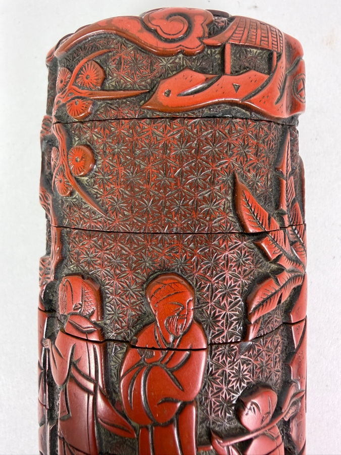 Japanese Meiji Period Antique Carved Cinnabar Lacquer Four Case Inro With Scholars Playing Go Scene 3.75'H [Photo 6]
