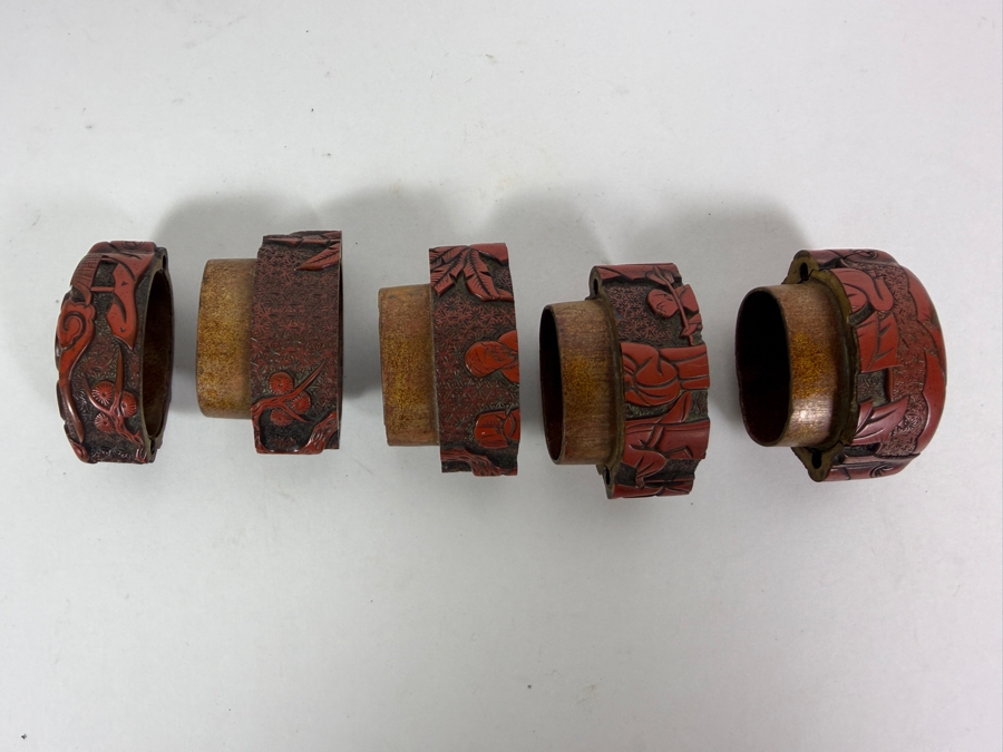 Japanese Meiji Period Antique Carved Cinnabar Lacquer Four Case Inro With Scholars Playing Go Scene 3.75'H [Photo 9]