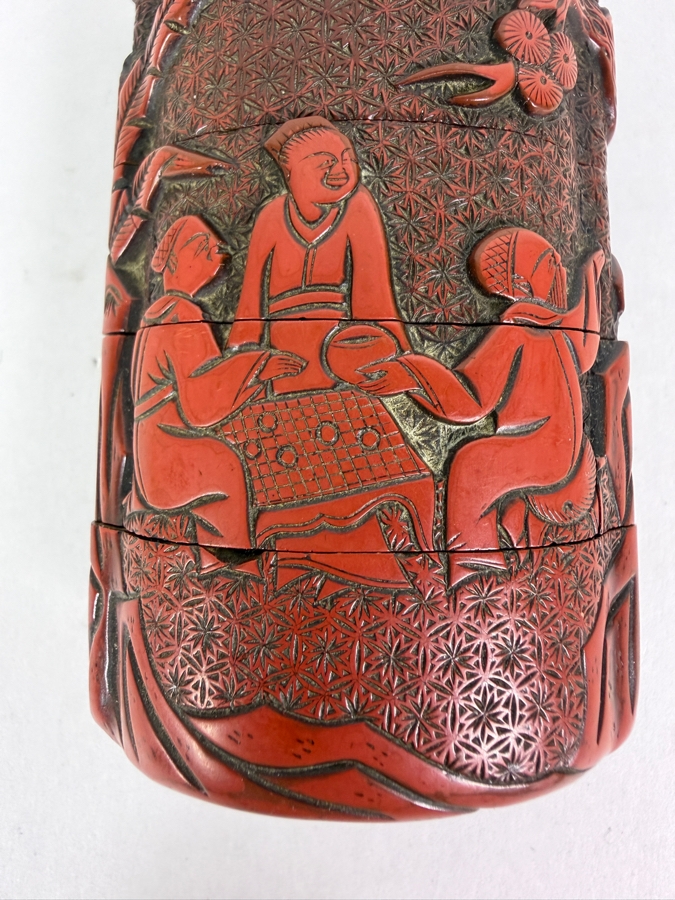 Japanese Meiji Period Antique Carved Cinnabar Lacquer Four Case Inro With Scholars Playing Go Scene 3.75'H [Photo 2]