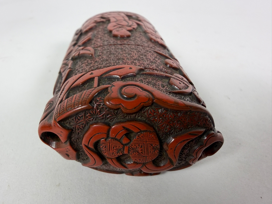 Japanese Meiji Period Antique Carved Cinnabar Lacquer Four Case Inro With Scholars Playing Go Scene 3.75'H [Photo 8]