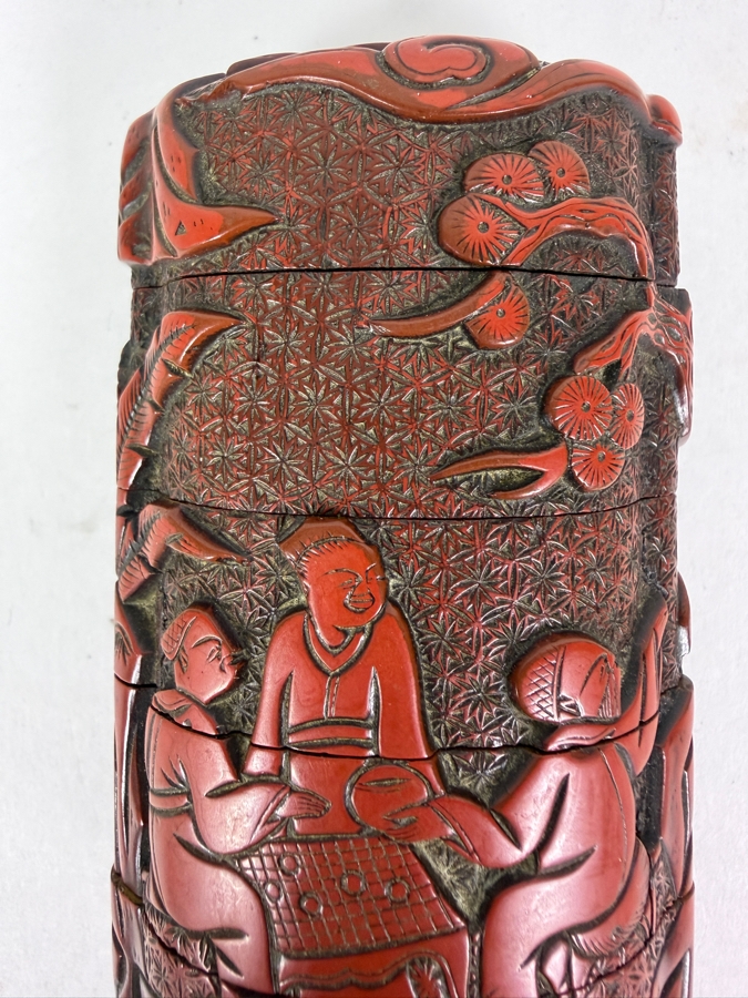 Japanese Meiji Period Antique Carved Cinnabar Lacquer Four Case Inro With Scholars Playing Go Scene 3.75'H [Photo 3]