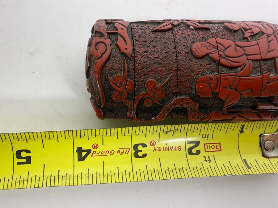 Japanese Meiji Period Antique Carved Cinnabar Lacquer Four Case Inro With Scholars Playing Go Scene 3.75'H [Photo 10]