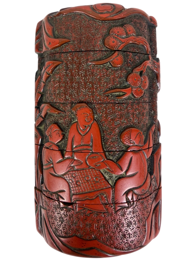 Japanese Meiji Period Antique Carved Cinnabar Lacquer Four Case Inro With Scholars Playing Go Scene 3.75'H