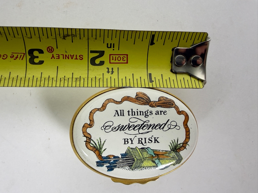Vintage Halcyon Days Bilston And Battersea All Things Are Sweetened By Risk Enamel Trinket Box Made For Tiffany And Co 2.5'W [Photo 9]