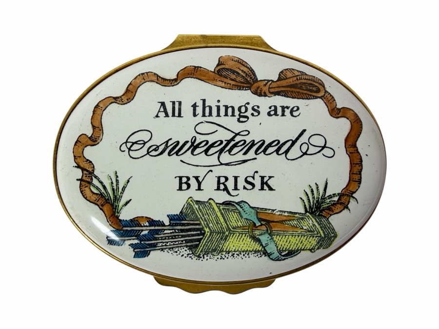 Vintage Halcyon Days Bilston And Battersea All Things Are Sweetened By Risk Enamel Trinket Box Made For Tiffany And Co 2.5'W [Photo 2]