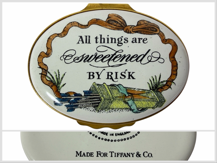 Vintage Halcyon Days Bilston And Battersea All Things Are Sweetened By Risk Enamel Trinket Box Made For Tiffany And Co 2.5'W