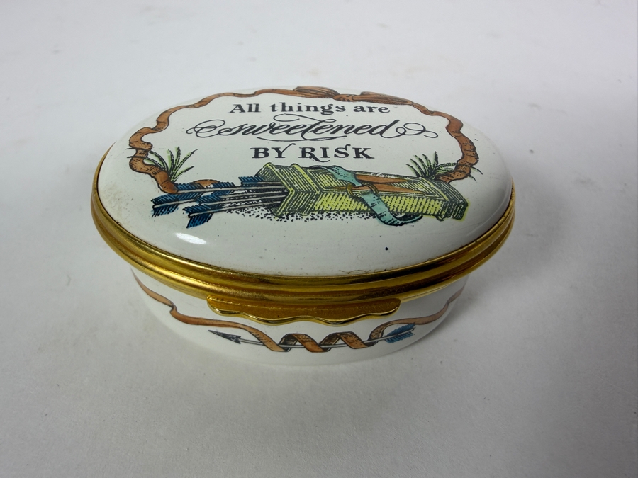 Vintage Halcyon Days Bilston And Battersea All Things Are Sweetened By Risk Enamel Trinket Box Made For Tiffany And Co 2.5'W [Photo 4]