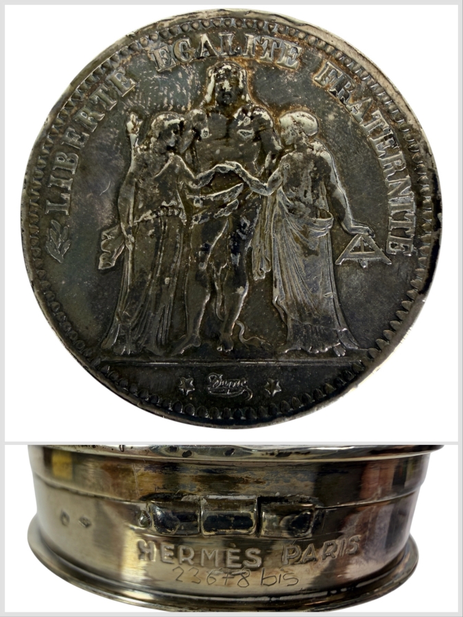 Vintage Hermes Paris Silver 1873 5 Francs Coin Hinged Snuff Pill Box 29.2g