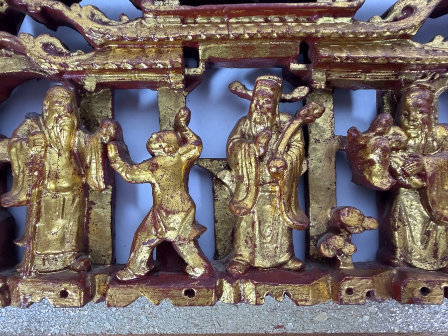 Antique Chinese Pierced and Gilt-Carved Wooden Architectural Panel 10.75'W X 5.75'H [Photo 2]