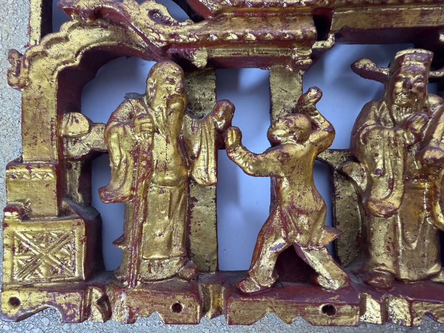 Antique Chinese Pierced and Gilt-Carved Wooden Architectural Panel 10.75'W X 5.75'H [Photo 3]