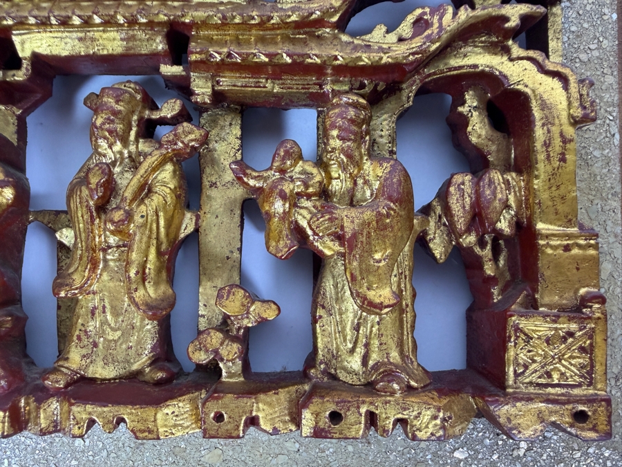 Antique Chinese Pierced and Gilt-Carved Wooden Architectural Panel 10.75'W X 5.75'H [Photo 4]