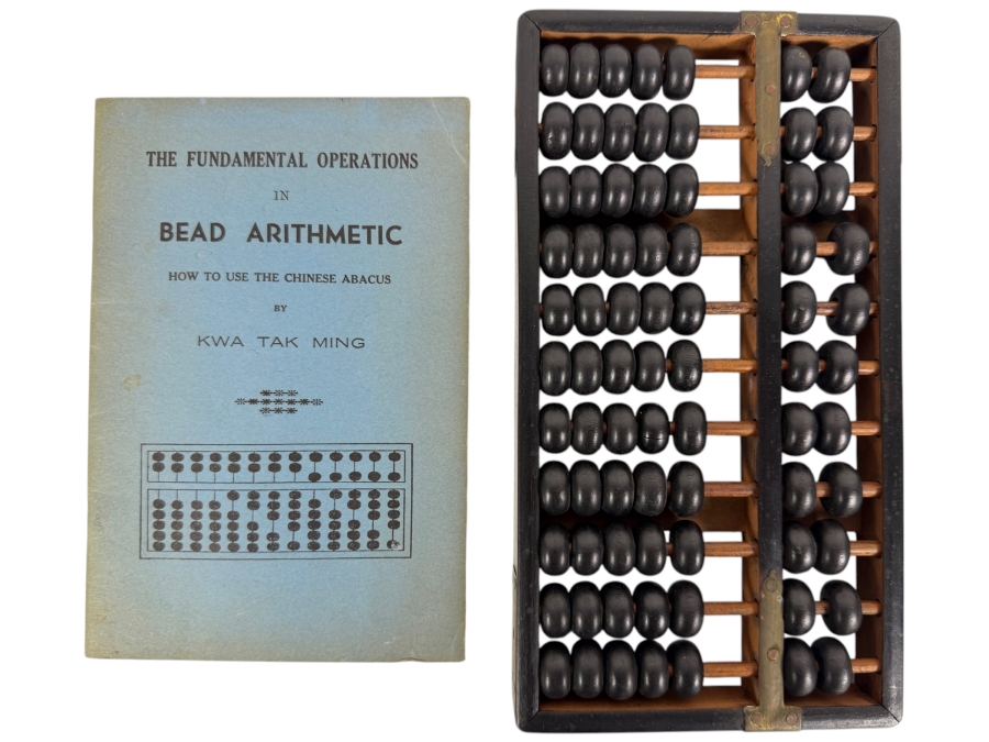 Classic Chinese Abacus (Suanpan) and an Instructional Book Titled 'The Fundamental Operations in Bead Arithmetic: How to Use the Chinese Abacus' by Kwa Tak Ming