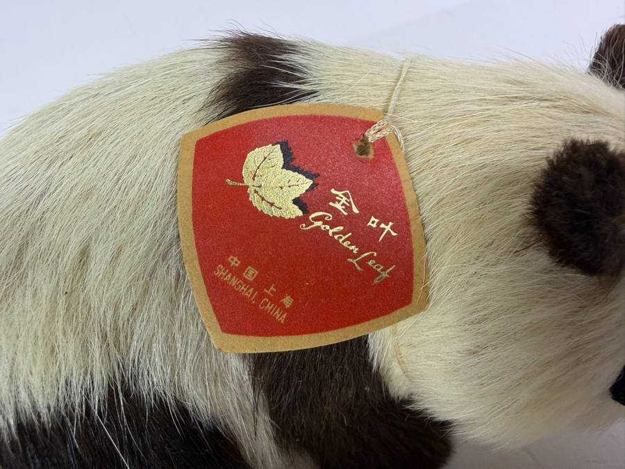 Vintage Real-Fur Panda Figurine from Shanghai, China Featuring Original 'Golden Leaf' Red Tag 5.5'W X 2.5'H [Photo 3]
