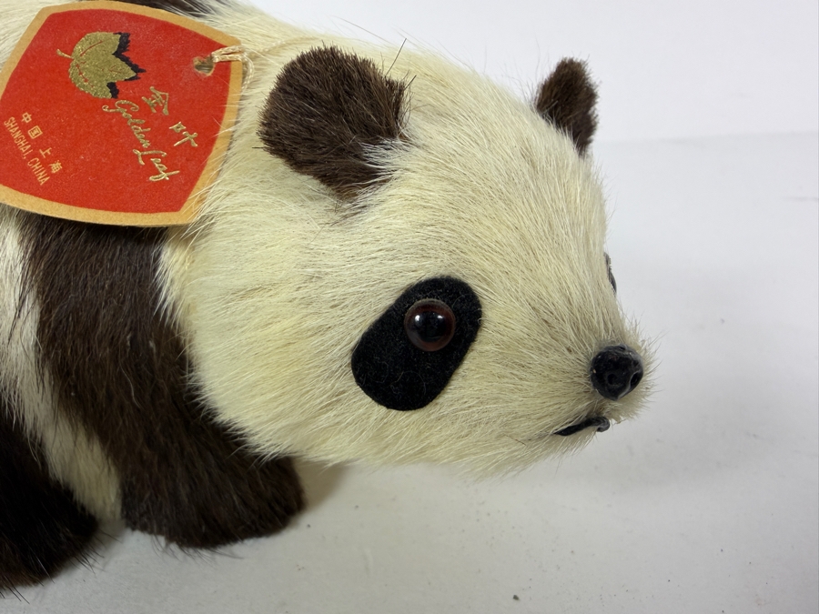 Vintage Real-Fur Panda Figurine from Shanghai, China Featuring Original 'Golden Leaf' Red Tag 5.5'W X 2.5'H [Photo 2]