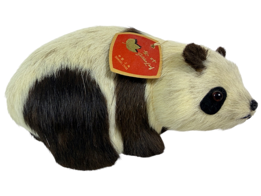 Vintage Real-Fur Panda Figurine from Shanghai, China Featuring Original 'Golden Leaf' Red Tag 5.5'W X 2.5'H