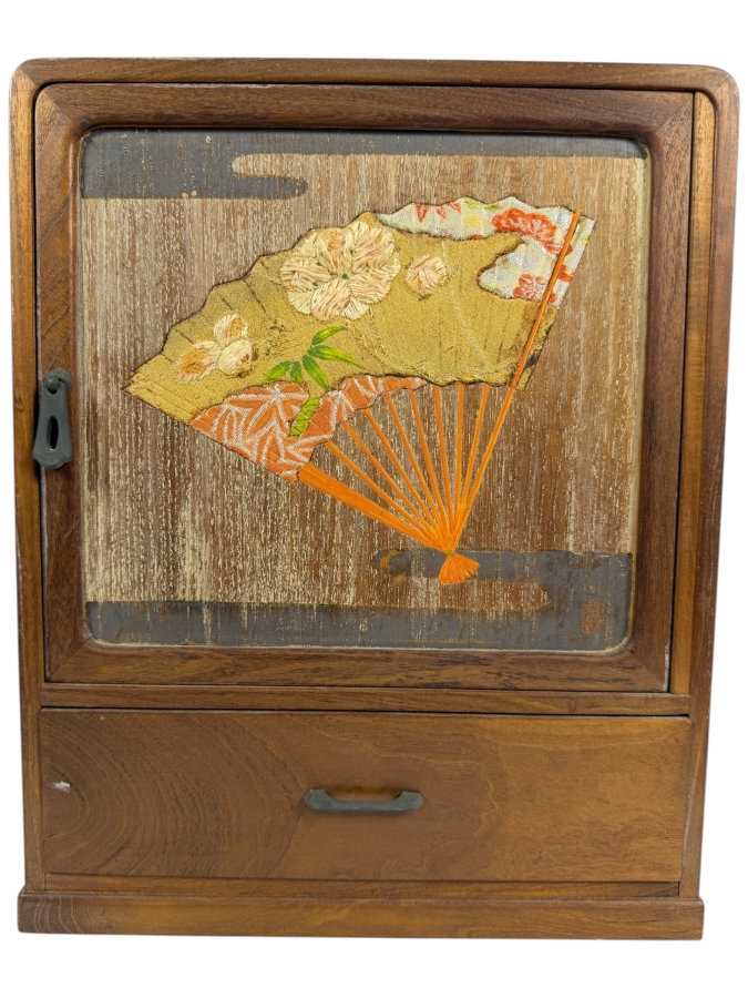 Vintage Japanese Tabletop Cabinet Tansu Kodansu with Signed Artwork 9.5'W X 9'D X 12'H