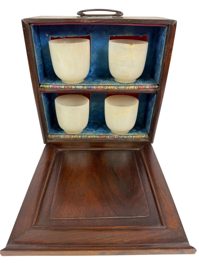 (4) Chinese White Jade Cups with Wooden Presentation Case - Cups are 2 1/8'H - (Note One Cup Has a Crack at Top and One Cup Has a Chip in Base - See Photos)