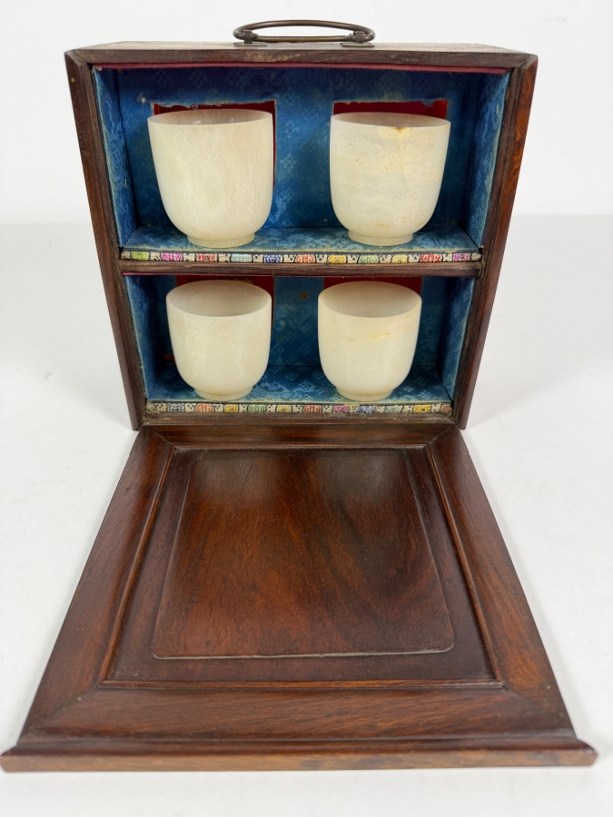 (4) Chinese White Jade Cups with Wooden Presentation Case - Cups are 2 1/8'H - (Note One Cup Has a Crack at Top and One Cup Has a Chip in Base - See Photos) [Photo 2]