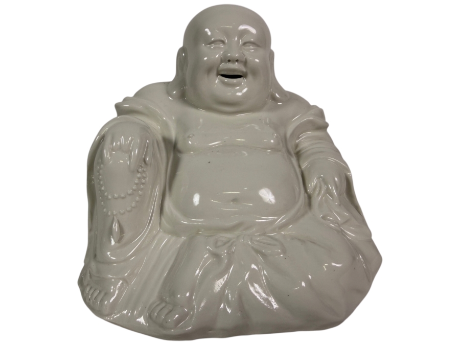 Glossy White Porcelain Laughing Buddha Statue From Hong Kong 5.25'H