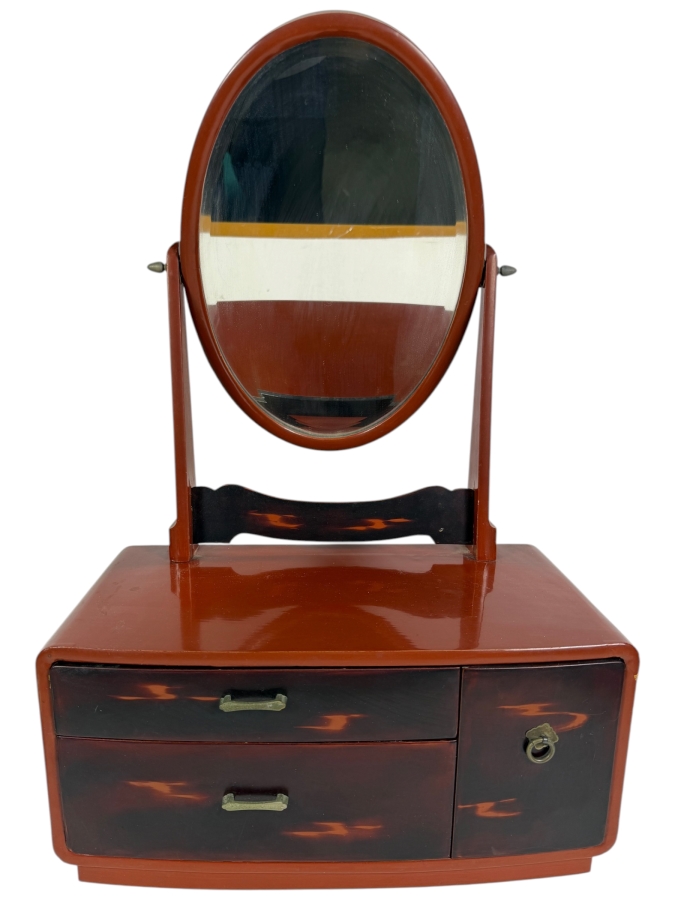 Vintage Japanese Red Lacquer Kyodai Tabletop Vanity 14W X 7.5D X 21H