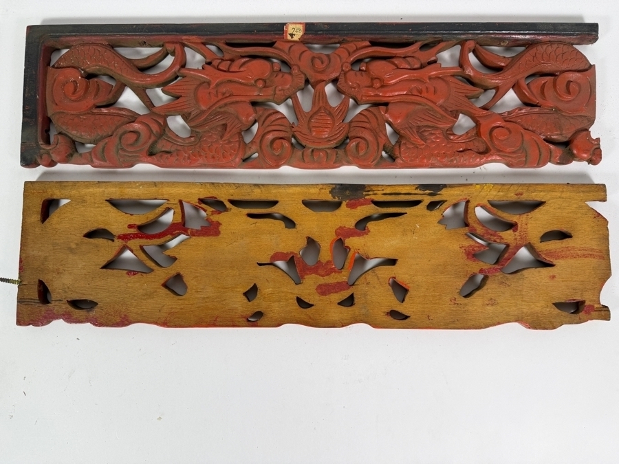 Pair of Vintage Chinese Carved Wood Panels Featuring Red-Painted Dragons Each Measure 23'W X 6'H [Photo 6]