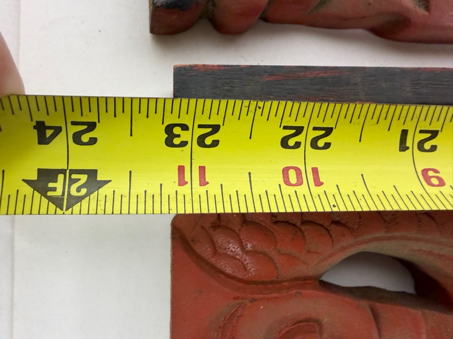 Pair of Vintage Chinese Carved Wood Panels Featuring Red-Painted Dragons Each Measure 23'W X 6'H [Photo 7]